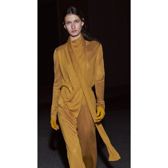 Sally LaPointe Sweaters - Sally Lapointe Sweater Women 8 Gold Metallic‎ Lightweight Knit Wrap Neck Luxury